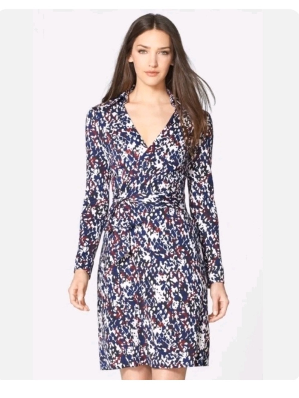 Diane Von Furstenberg Navy White and Burgundy Printed Wrap Midi Dress